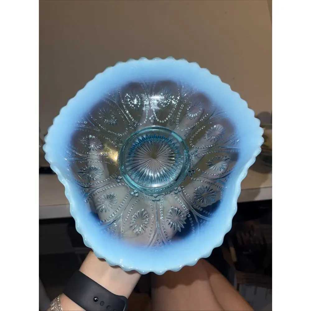 Antique Northwood Blue Opalescent Spokes & Wheels Trifold Footed Carnival Glass
